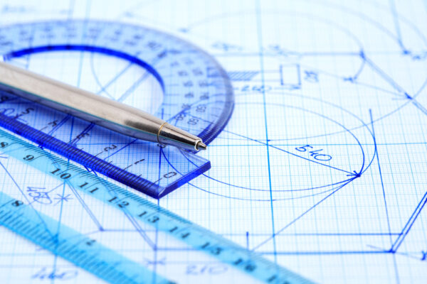 ruler, protractor, blueprint
