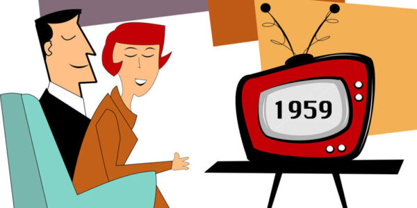 illustration of couple watching TV in 1959