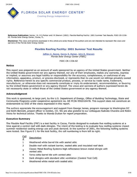 Florida Solar Energy Center (FSEC) - Summer Test Results 2001 screenshot