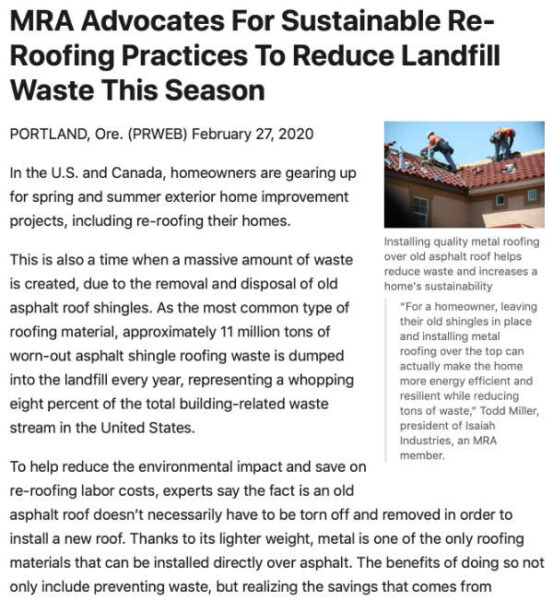 Sustainable Re-Roofing Practices article