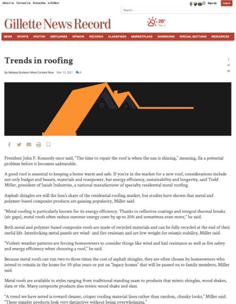 Trends In Roofing - Gillete News Record, March 2021