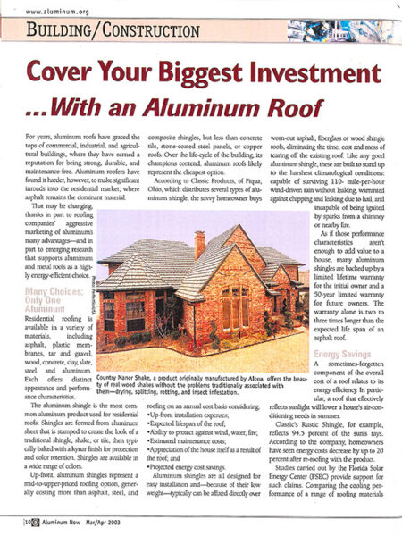 Aluminum Now Magazine - April 2003 article screenshot