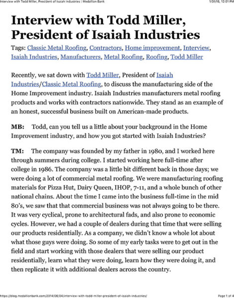 Medallion Bank article - June 2014 screenshot