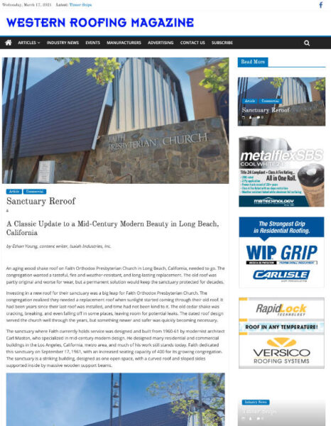 sanctuary reroof - western roofing magazine cover