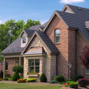 country manor shake metal roof brick house