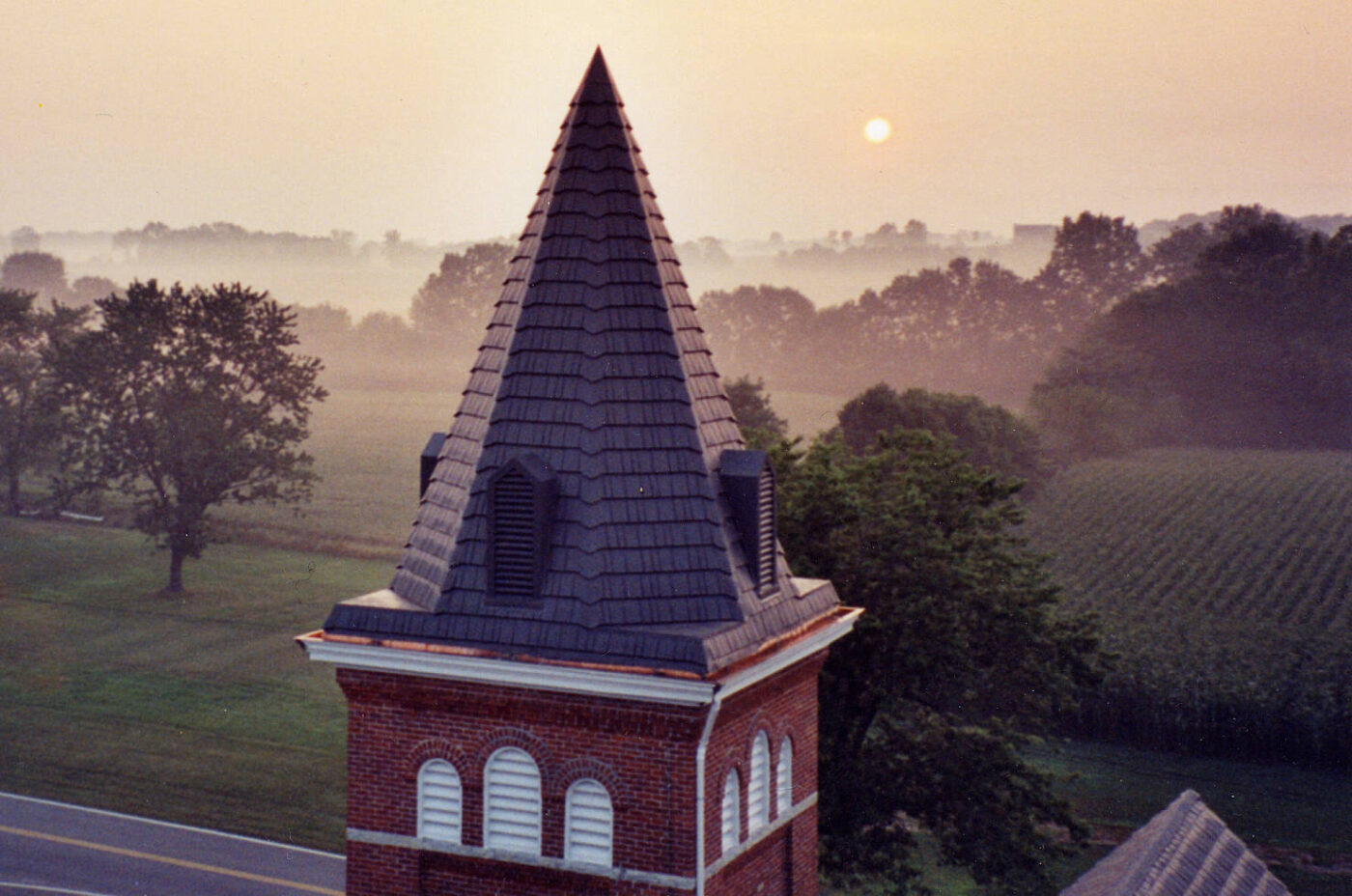 church steeple with metal roofing